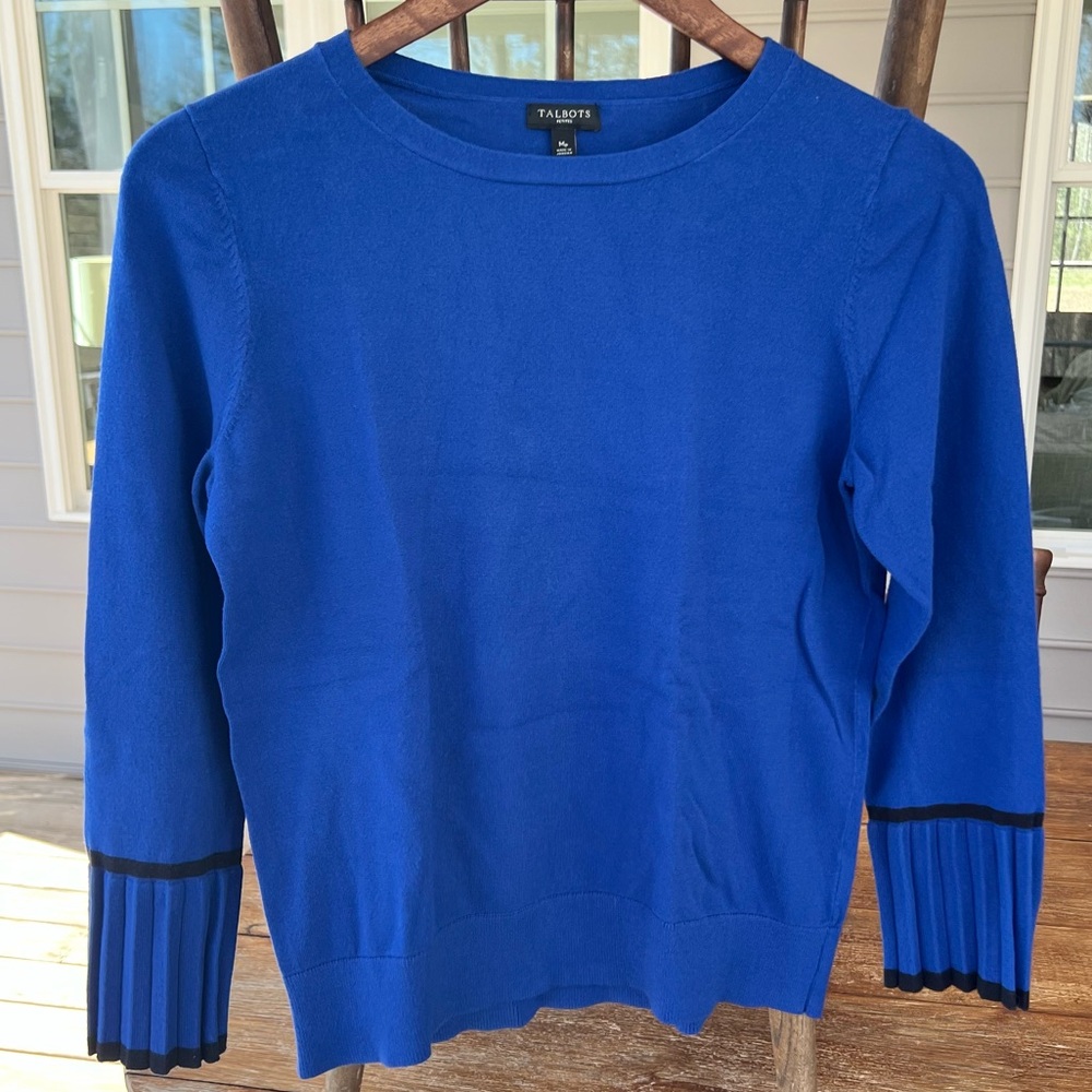 Talbots Women’s Royal Blue Pullover Sweater Pleated Bell Sleeve Petite Medium